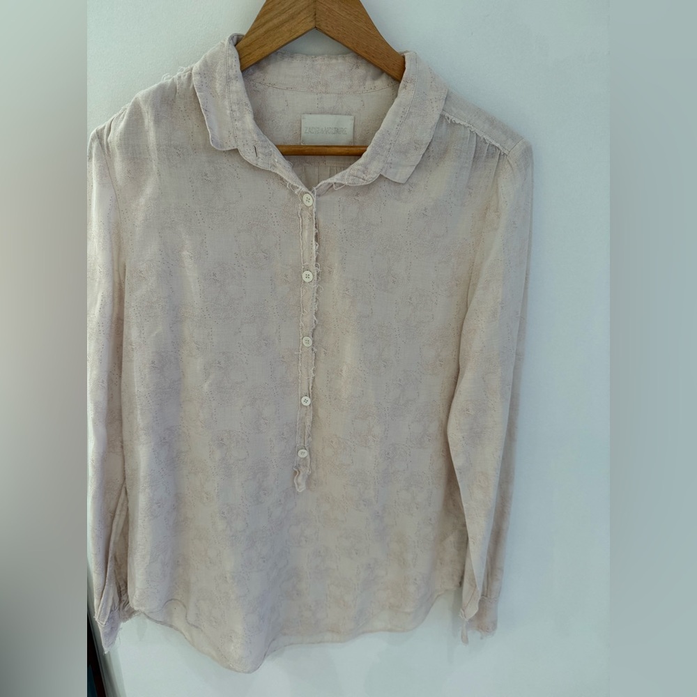 Zadig & Voltaire Tan Cream Long Sleeve Polo Button Down Shirt